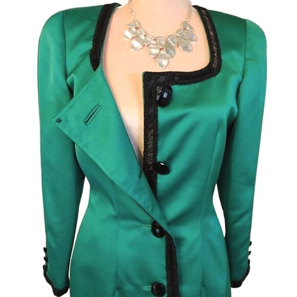 VTG 90s Della Roufogali Green Satin Black Embellished Designer Blazer Size 6 - Picture 4 of 11